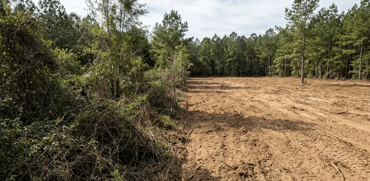 Overgrown brush being cleared from a rural Baldwin County Georgia property