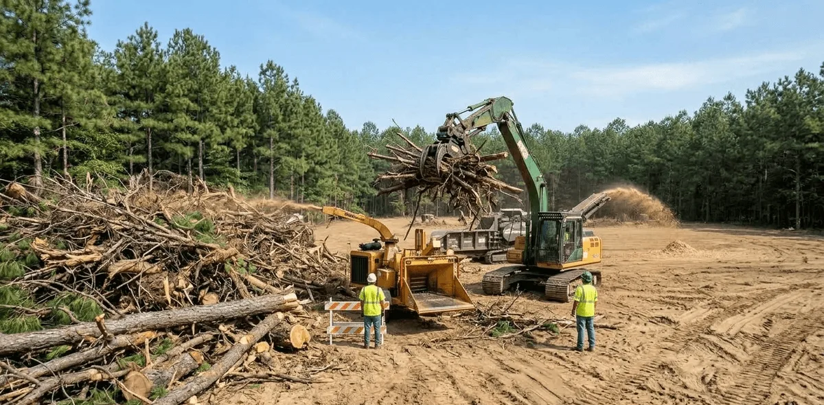 Land clearing debris being handled on a Baldwin County Georgia property