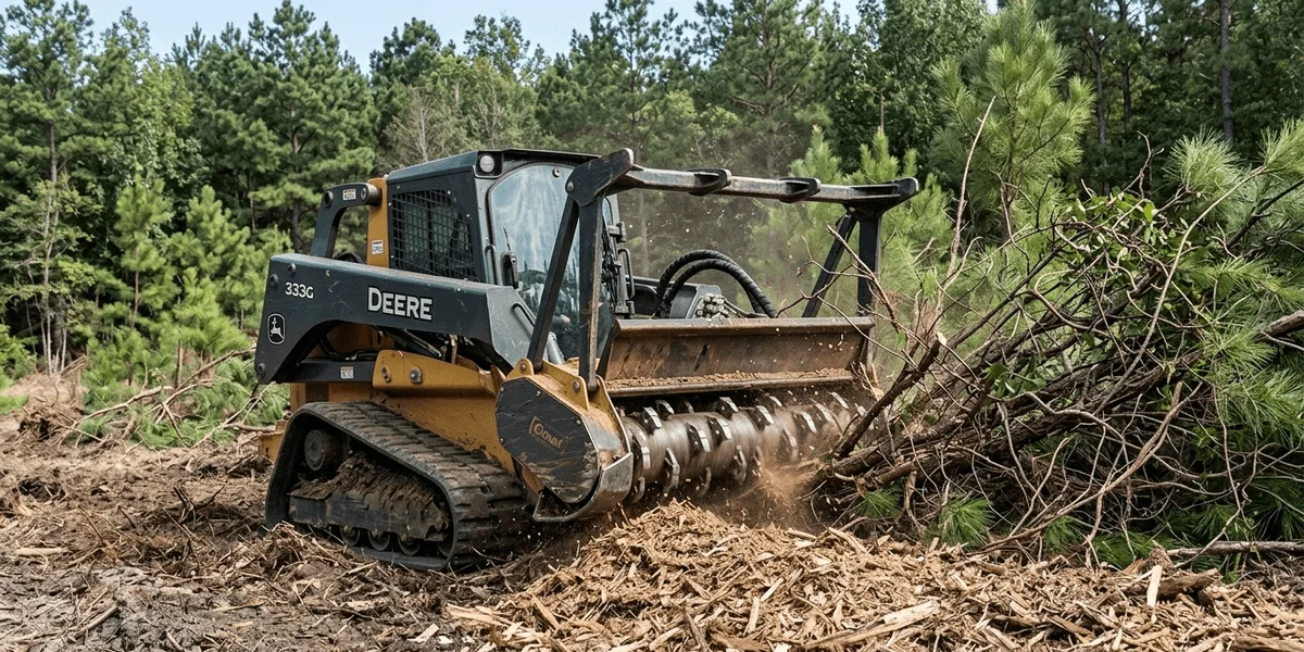 Forestry mulcher processing trees and brush on a Baldwin County Georgia property