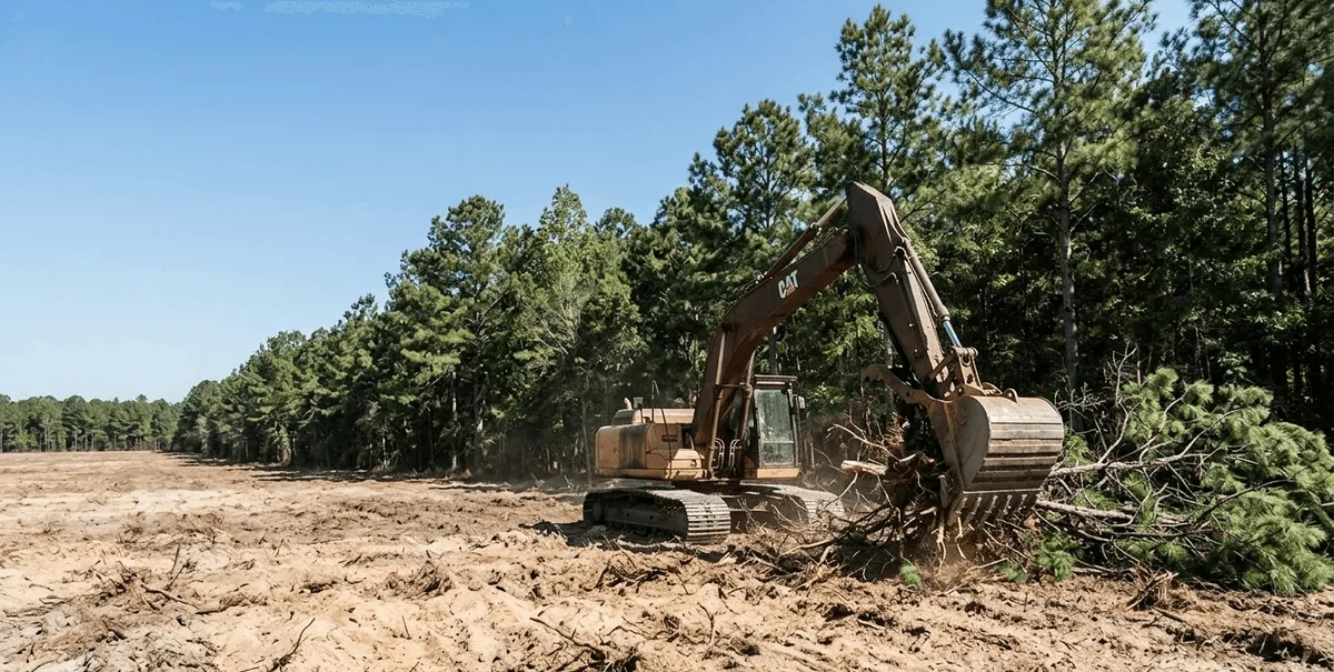 Heavy equipment clearing wooded land in Baldwin County, Georgia