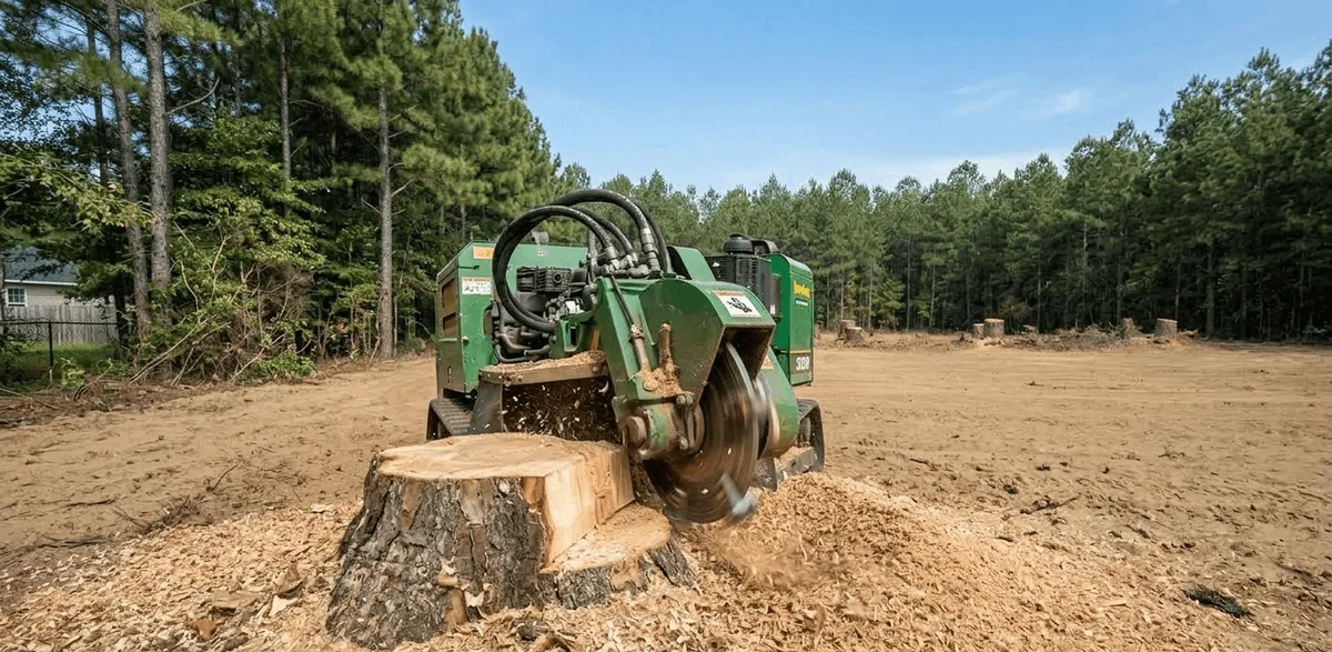 Stump grinding on a Baldwin County Georgia property after tree removal